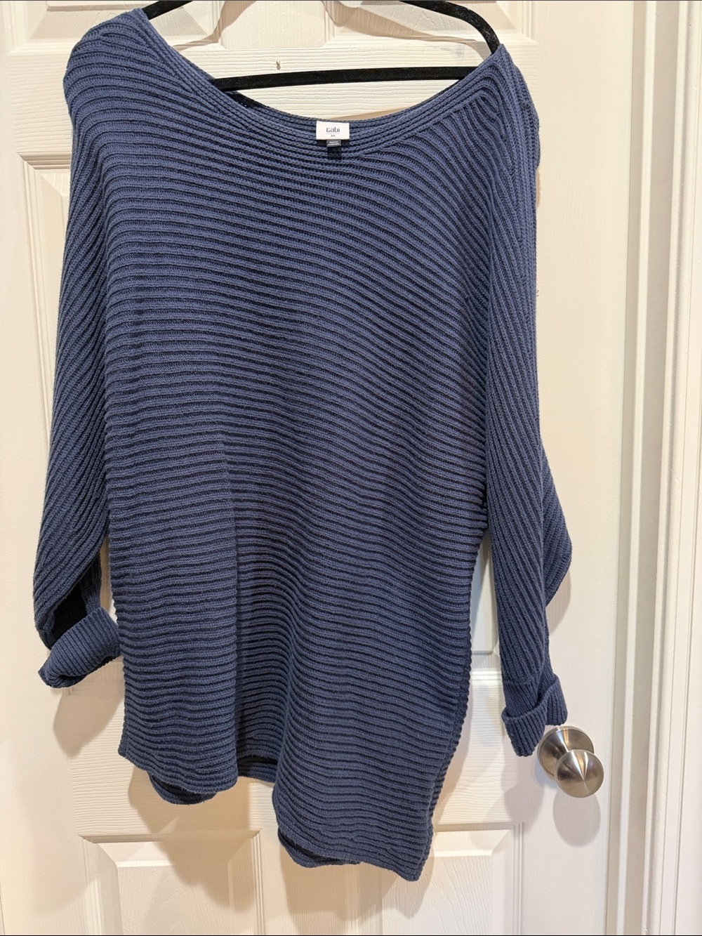 CAbi Off-the-Shoulder Ribbed Cotton  Sweater in Navy  Blue